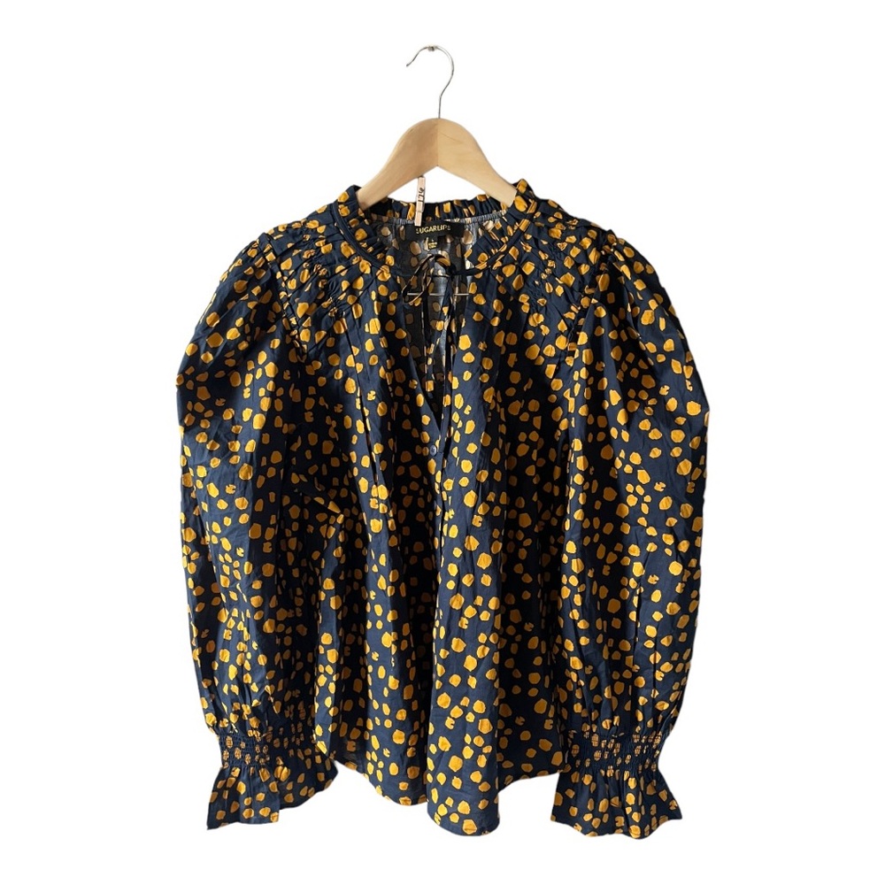 SUGARLIPS Navy and Gold Polka Dot Blouse Top Volume Shoulder Size Large